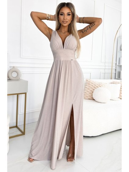 Šaty dlouhé společenské bez rukávu dámské SUSAN (L,XL) ITALSKÁ MÓDA NUM254902/DR (Velikost L, Barva béžová)