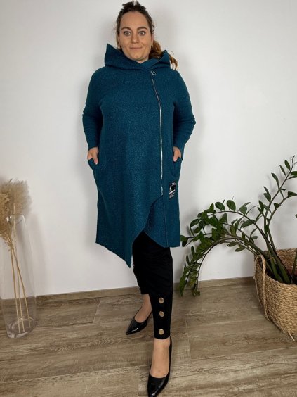 Kabát flaušový beránkový s kapucí na zip dlouhý rukáv dámský nadrozměr (50/52/54 ONE SIZE) ITALSKÁ MÓDA IM425500/DU (Velikost 50/52/54, Barva modrá petrolejová)