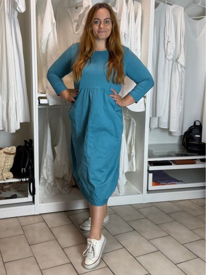 Šaty volnočasové dlouhý rukáv dámské nadrozměr EVA (46/48/50 ONE SIZE) ITALSKÁ MÓDA IM4251136/DR (Velikost 46/48/50, Barva modrá petrolejová)