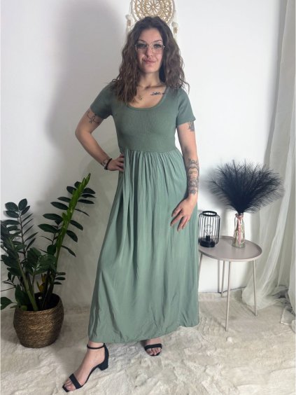 Šaty dlouhé volnočasové krátký rukáv dámské MARIA (XS/S/M ONE SIZE) ITALSKÁ MÓDA IMD2525369/DUR (Velikost XS/S/M, Barva béžová)