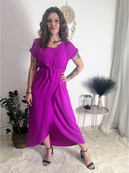 Šaty dlouhé elegantní letní krátký rukáv dámské (S/M/L ONE SIZE) ITALSKÁ MÓDA IM425247/DR (Velikost S/M/L, Barva fialová)