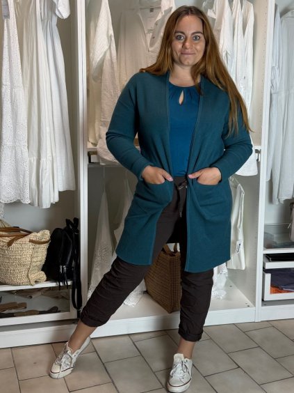 Cardigan  s kapucí dlouhý rukáv dámský nadrozměr (42/44/46 ONE SIZE) ITALSKÁ MÓDA IMSM251132/DR (Velikost 42/44/46, Barva modrá petrolejová)
