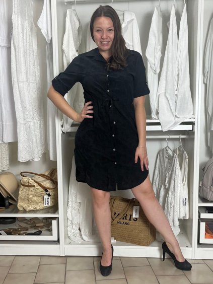 Šaty krátké košilové 3/4 rukáv dámské (S/M/L ONE SIZE) ITALSKÁ MÓDA IMD251111/DU (Velikost S/M/L, Barva Černá)