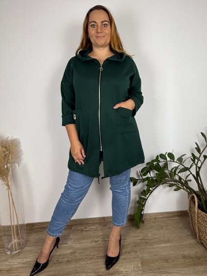 Mikina na zip s kapucí dlouhý rukáv dámské nadrozměr (50/52/54 ONE SIZE) ITALSKÁ MÓDA IMC251114/DUR (Velikost 50/52/54, Barva Černá)