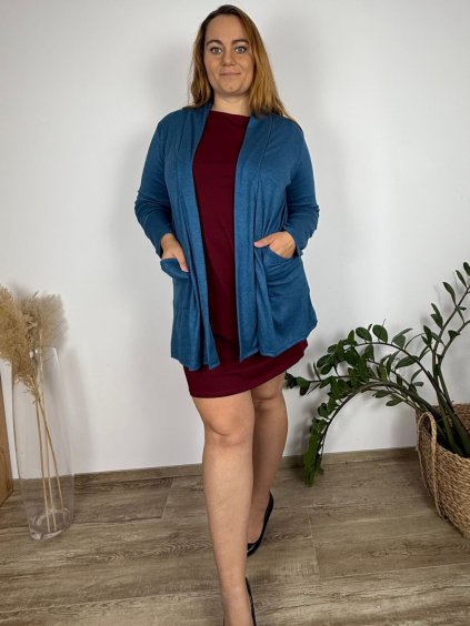 Cardigan bavlněný s kapsami dlouhý rukáv dámský nadrozměr (48/50/52 ONE SIZE) ITALSKÁ MÓDA IM425549/DUR (Velikost 48/50/52, Barva Černá)