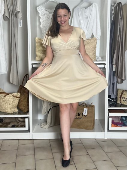 Šaty společenské elegantní krátký rukáv dámské (S/M/L ONE SIZE) ITALSKÁ MÓDA IMPSH251111/DU (Velikost S/M/L, Barva béžová)