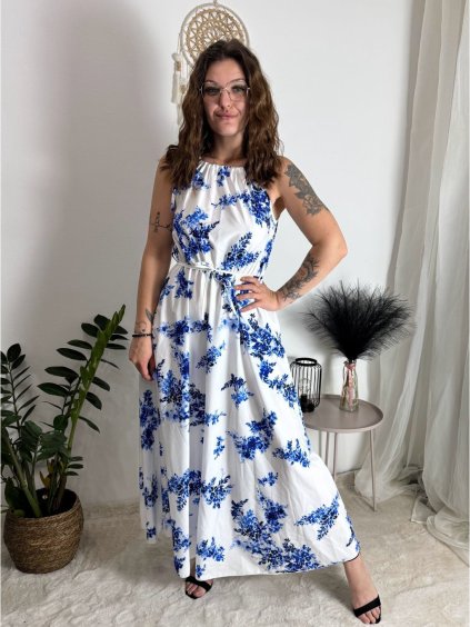 Šaty dlouhé letní elegantní bez rukávu dámské (S/M/L ONE SIZE) ITALSKÁ MÓDA IMPBB24P9741/DUR (Velikost S/M/L, Barva modrá)