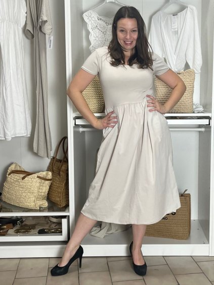 Šaty dlouhé letní oversize krátký rukáv dámské (S/M/L ONE SIZE) ITALSKÁ MÓDA IMWAD251395/DU (Velikost S/M/L, Barva béžová)