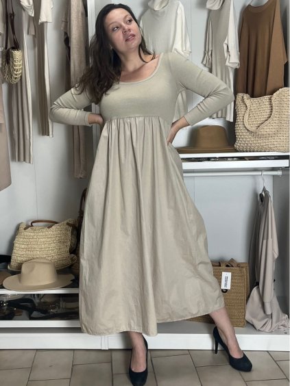 Šaty volnočasové dlouhý rukáv dámské VIVA (S/M/L ONE SIZE) ITALSKÁ MÓDA IMSM2511125/DUR (Velikost S/M/L, Barva béžová)