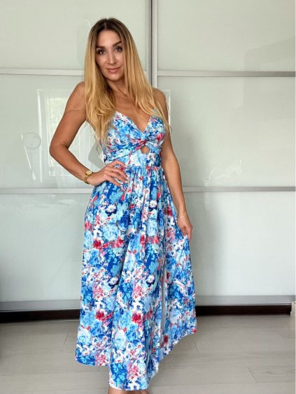 Šaty dlouhé letní citronky lemon, květované na ramínka dámské DIXIE (XS/S/M ONE SIZE) ITALSKÁ MÓDA IMWHD252134-1/DUR (Velikost XS/S/M, Barva modrá)