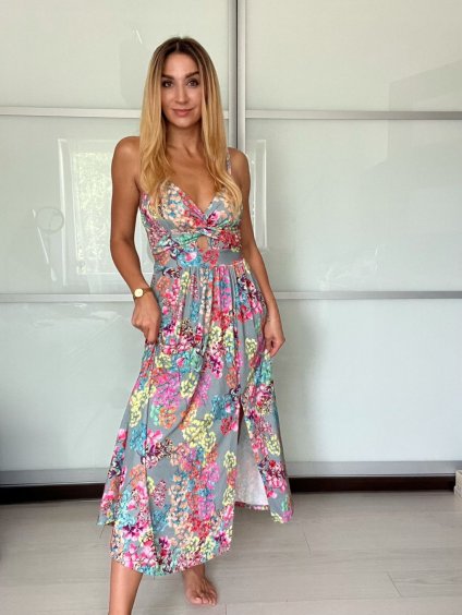 Šaty dlouhé letní citronky lemon, květované na ramínka dámské DIXIE (XS/S/M ONE SIZE) ITALSKÁ MÓDA IMWHD252134-4/DUR (Velikost S/M, Barva šedá)