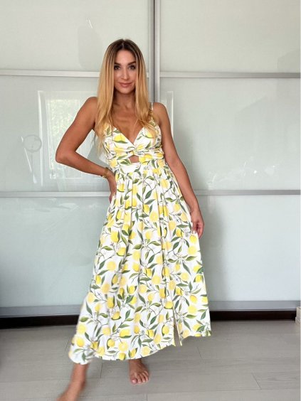 Šaty dlouhé letní citronky lemon, květované na ramínka dámské DIXIE (XS/S/M ONE SIZE) ITALSKÁ MÓDA IMWHD252134-5/DUR (Velikost S/M, Barva bílá)