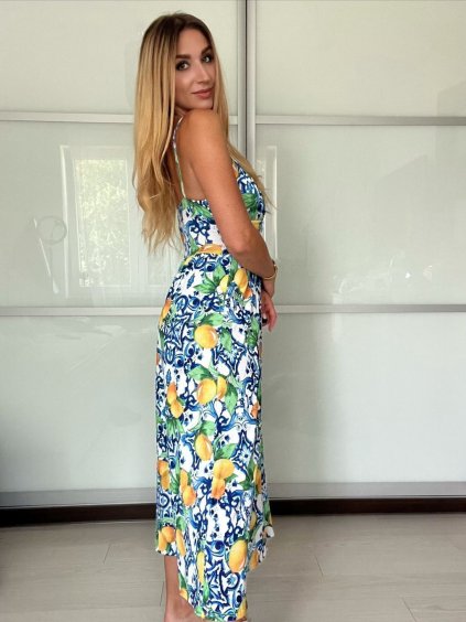 Šaty dlouhé letní citronky lemon, květované na ramínka dámské DIXIE (XS/S/M ONE SIZE) ITALSKÁ MÓDA IMWHD252134-6/DUR (Velikost S/M, Barva modrá)