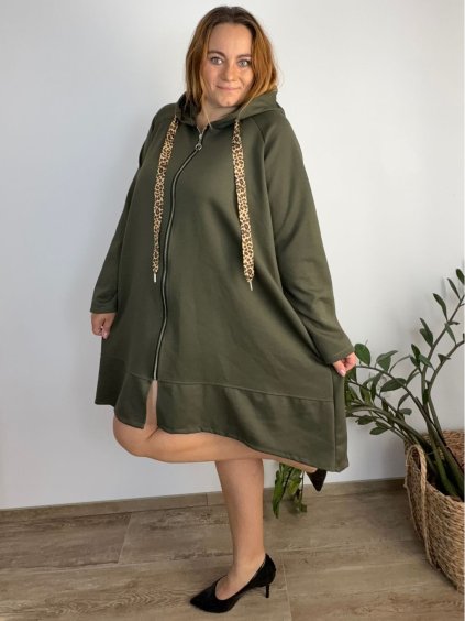 Mikina prodloužená s kapucí na zip dlouhý rukáv dámská nadrozměr ZITA (54/56/58 ONE SIZE) ITALSKÁ MÓDA IMC25394/DR (Velikost 54/56/58, Barva zelená khaki)