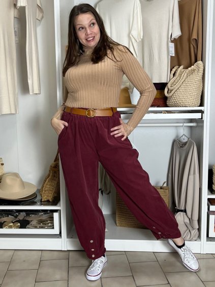 Kalhoty manžestrové s páskem dámské BARBARA (S/M/L ONE SIZE) ITALSKÁ MÓDA IMSM251146/DU (Velikost S/M/L, Barva vínová)