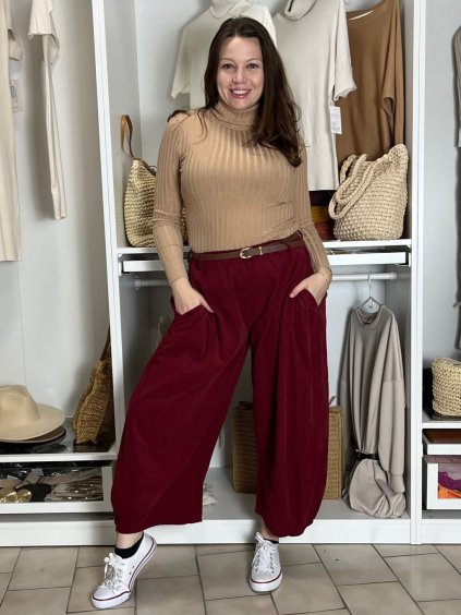 Kalhoty manžestrové s páskem dámské EVA (S/M/L ONE SIZE) ITALSKÁ MÓDA IMSM251147/DU (Velikost S/M/L, Barva vínová)