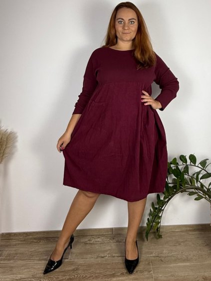 Šaty manžestrové teplé dlouhý rukáv dámské nadrozměr VIOLA (50/52/54 ONE SIZE) ITALSKÁ MÓDA IM425537/DUR (Velikost 50/52/54, Barva vínová)