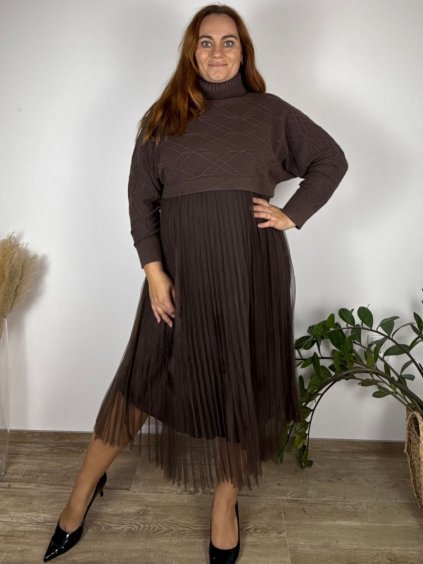 Šaty se svetrem dlouhý rukáv dámské nadrozměr ANIZA (42/44/46 ONE SIZE) ITALSKÁ MÓDA IMSM251172/DUR (Velikost 42/44/46, Barva béžová)