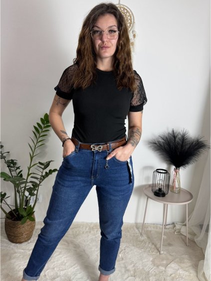 Rifle jeans s páskem  MOM FIT dámske nadrozměr (M-3XL) MOON GIRL MOG25KF520-3 (Velikost M, Barva modrá)