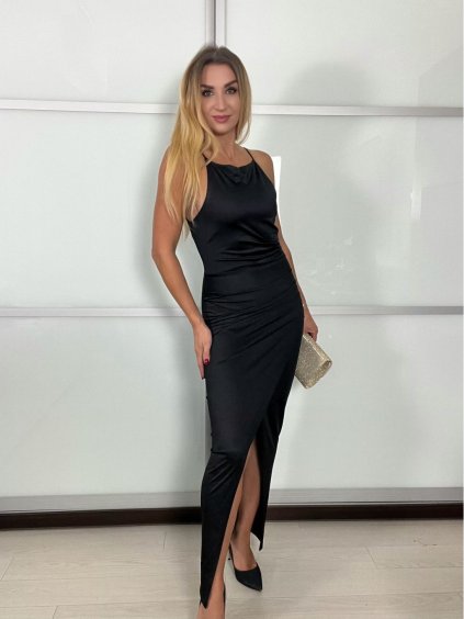 Šaty dlouhé společenské elegantní na ramínka dámské (XS/S/M ONE SIZE) ITALSKÁ MÓDA IMM25M40313/DU (Velikost S/M, Barva Černá)