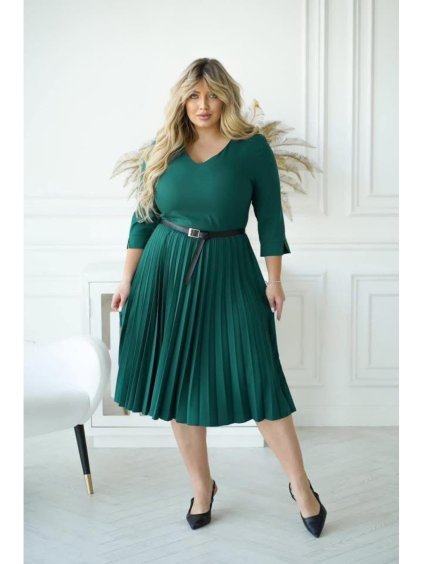 Šaty s páskem elegantní 3/4 rukáv dámské nadrozměr (38-48) POLSKÁ MÓDA PMLLD255078/DUR (Velikost 38, Barva tmavě smaragdová)