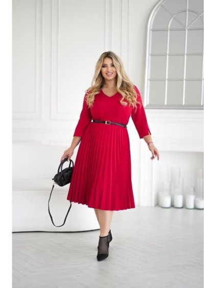 Šaty s páskem elegantní 3/4 rukáv dámské nadrozměr (38-48) POLSKÁ MÓDA PMLLD255078-1/DUR (Velikost 38, Barva červená)