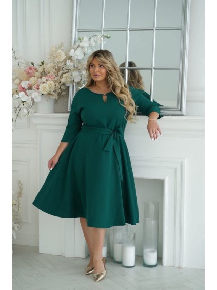Šaty s páskem elegantní 3/4 rukáv dámské nadrozměr (38-48) POLSKÁ MÓDA PMLLD255056-3/DUR (Velikost 38, Barva zelená smaragdová)