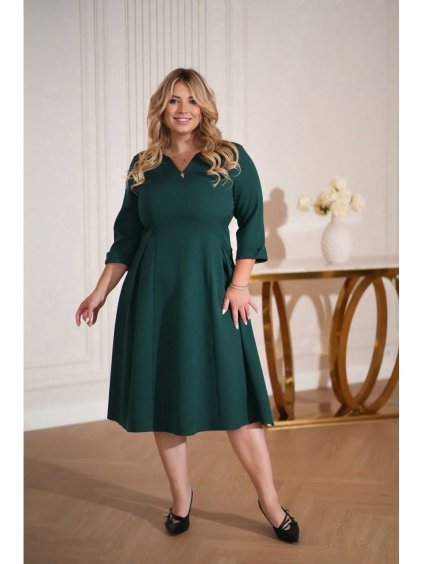 Šaty elegantní 3/4 rukáv dámské nadrozměr (40-50) POLSKÁ MÓDA PMLLD255098-2/DUR (Velikost 40, Barva zelená)