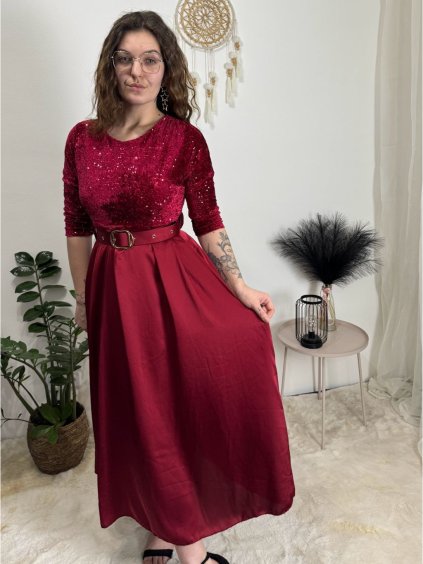 Šaty dlouhé společenské flitrové s páskem dlouhý rukáv dámské (XS/S/M ONE SIZE) ITALSKÁ MÓDA IMM25M13302/DUR (Velikost XS/S/M, Barva béžová)