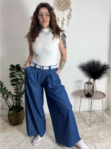 Kalhoty dlouhé letní riflové s páskem dámské PALAZZO (S/M/L ONE SIZE) ITALSKÁ MÓDA IMWCL251061/DUR (Velikost S/M/L, Barva světle modrá)