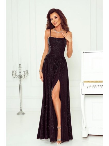 Šaty dlouhé společenské třpytivé na ramínka dámské AMELIA (34-38) POLSKÁ MÓDA PMLWD24AMELIA7/DUR (Velikost 34, Barva Černá)