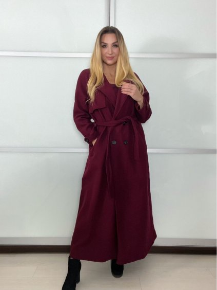 Kabát s páskem dlouhý rukáv dámské (S/M/L ONE SIZE) ITALSKÁ MÓDA IMPVN25251008/DU (Velikost S/M/L, Barva vínová)