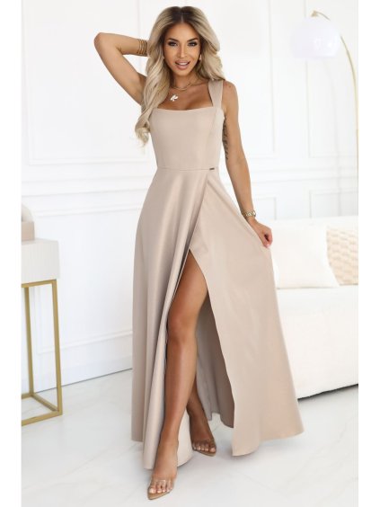633-1 AURELIA dlouhé šaty s rozparkem a diamantovým výstřihem - béžové s třpytkami (Velikost S)