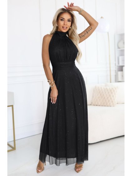 636-3 VERONICA luxusní dlouhé šaty s brokátovým akcentem a elegantním střihem - černé (Velikost UNI)