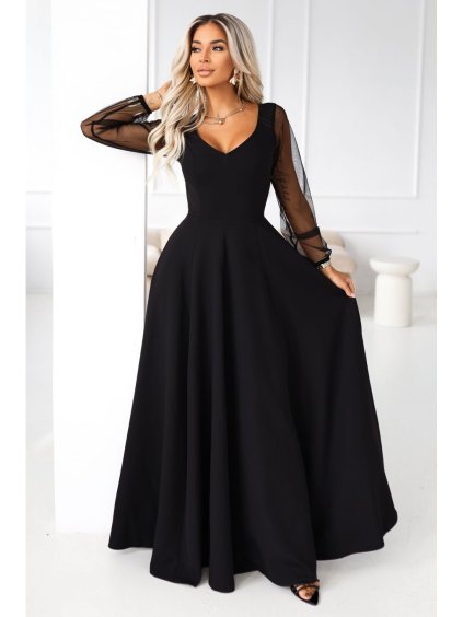 640-2 LORETTA unikátní dlouhé šaty s tylovými rukávy a výstřihem - černé (Velikost S)