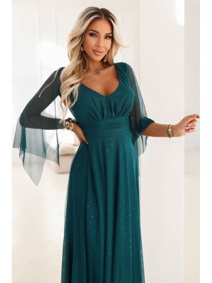 655-2 Dlouhé, třpytivé šaty s hlubokým výstřihem a průsvitnými rukávy - smaragdově zelené (Velikost UNI)