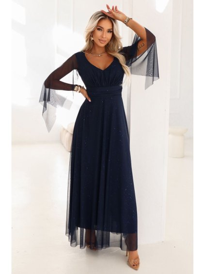 655-3 Dlouhé, třpytivé šaty s výstřihem a průhlednými rukávy - tmavě modré (Velikost UNI)