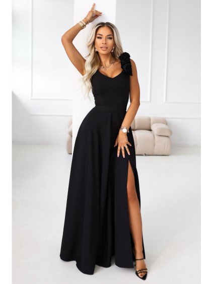 643-2 Elegantní maxi večerní šaty s rozparkem a růžemi - klasická černá (Velikost S)