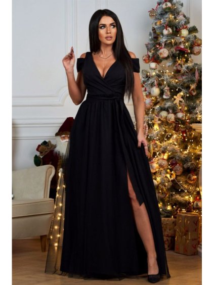 Šaty elegantní společenské krátký rukáv dámské nadrozměr (40) POLSKÁ MÓDA PMLBF23ID3529 (Velikost 40, Barva Černá)