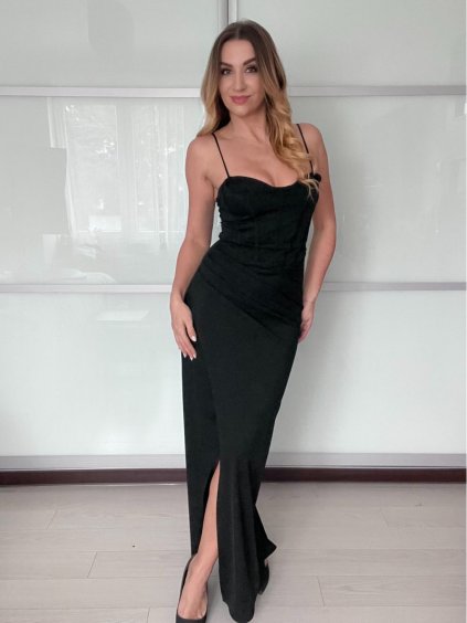 Šaty dlouhé společenské na ramínka dámské MARIKA (S/M ONE SIZE) ITALSKÁ MÓDA IMPMD2645764/DU (Velikost S/M, Barva Černá)