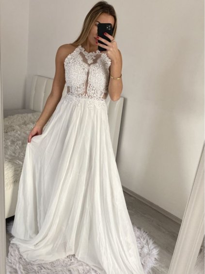 Šaty elegantní svatební společenské dlouhé na ramínka dámské (S/M ONE SIZE) ITALSKá MóDA IMM2218806-S
