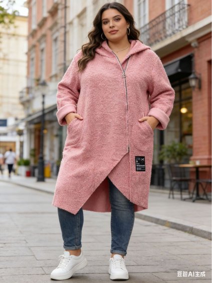 Kabát beránkový s kapsami dlouhý rukáv dámský nadrozměr (50/52/54 ONE SIZE) ITALSKÁ MÓDA IM426018