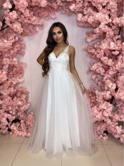 Šaty dlouhé svatební krajkové bez rukávu dámské PRINCESSA (34-40) POLSKÁ MÓDA PMLPT26009