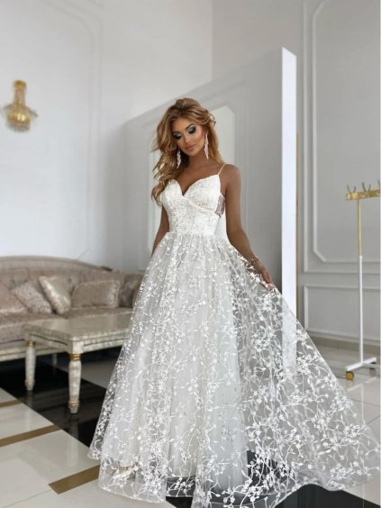 Šaty dlouhé svatební na ramínka dámské VESPA (34-40) POLSKÁ MÓDA PMLPT26011