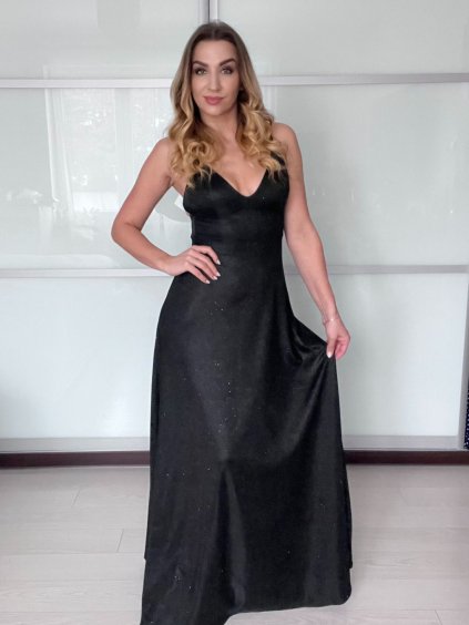 Šaty dlouhé společenské na ramínka dámské SARA (S/M ONE SIZE) ITALSKÁ MÓDA IMPMD2616090/DU (Velikost S/M, Barva Černá)