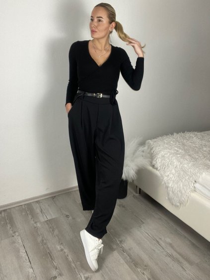 Kalhoty elegantní s páskem dámské (S/M/L ONE SIZE) ITALSKÁ MÓDA IMSM26036/DUR (Velikost S/M/L, Barva Černá)