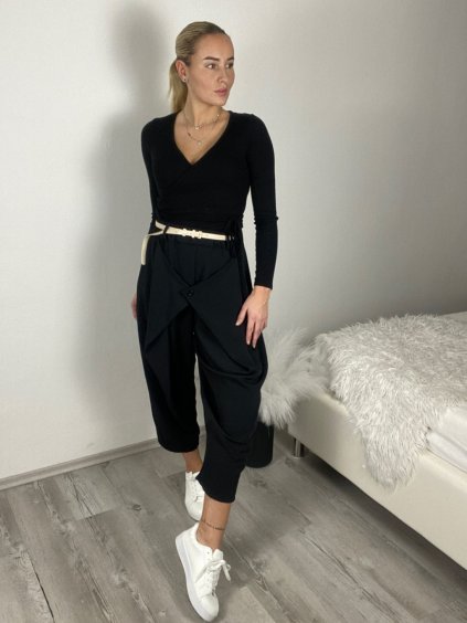 Kalhoty elegantní s páskem dámské (S/M/L ONE SIZE) ITALSKÁ MÓDA IMSM261111/DUR (Velikost S/M/L, Barva Černá)