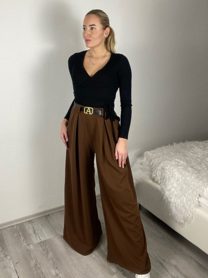 Kalhoty elegantní s páskem dámské (S/M/L ONE SIZE) ITALSKÁ MÓDA IM425747/DUR (Velikost S/M/L, Barva hnědá)