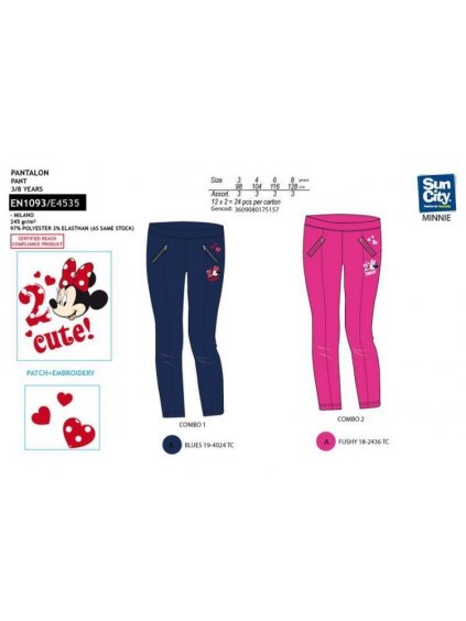 Kalhoty legíny minnie mouse dětské dívčí (98-128) SUN CITY EN1093 růžová 98 (barva modrá, Velikost 104)