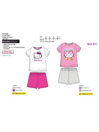 Pyžamo krátké hello kitty dětské dívčí bavlněné (3-8 LET) SUN CITY OE2092 růžová 3 roky (barva bílá, Velikost 128)